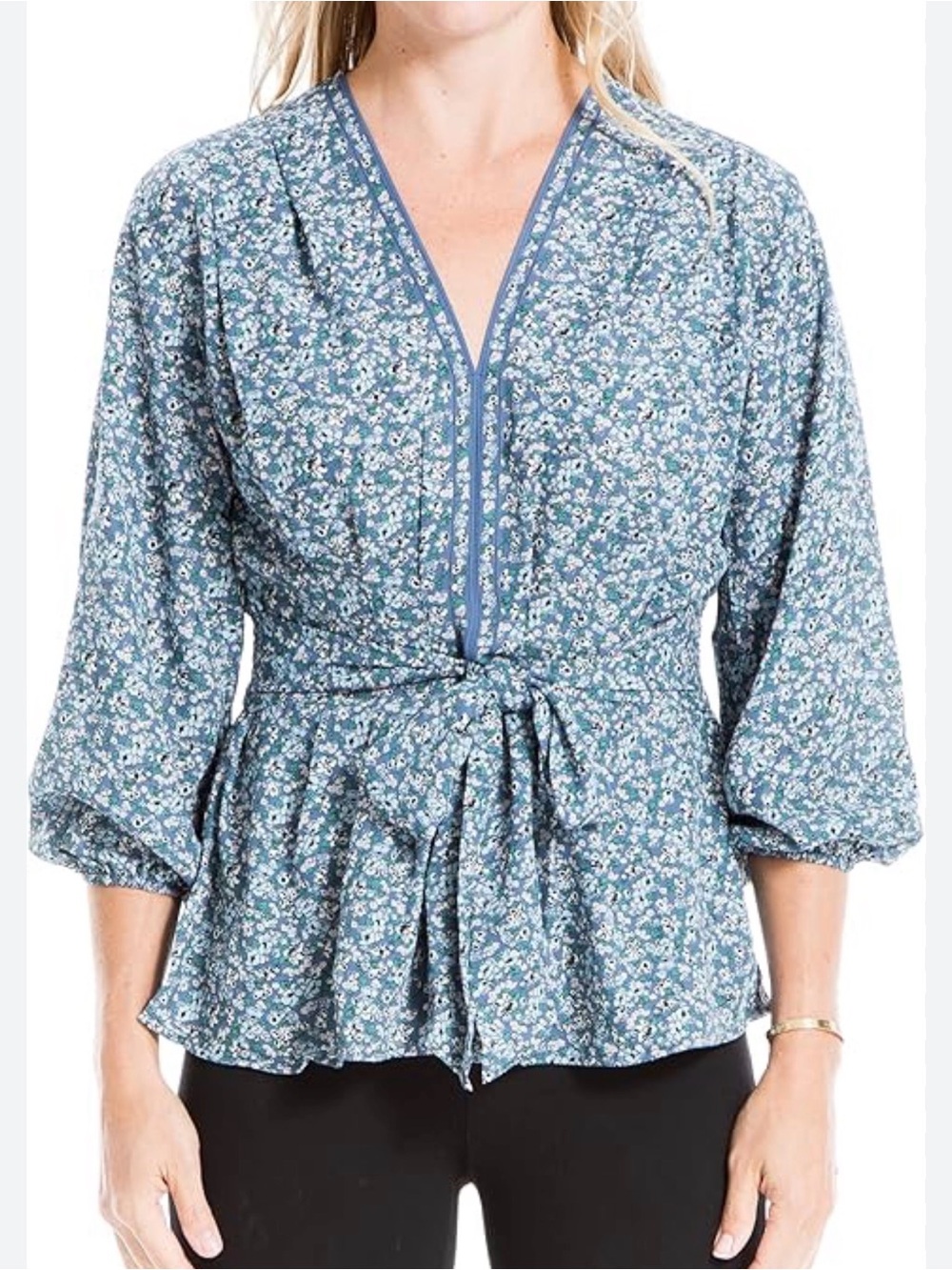 Max Studio Women’s Blouse Floral Size Medium V Neck Tie Waist Smocked Balloon